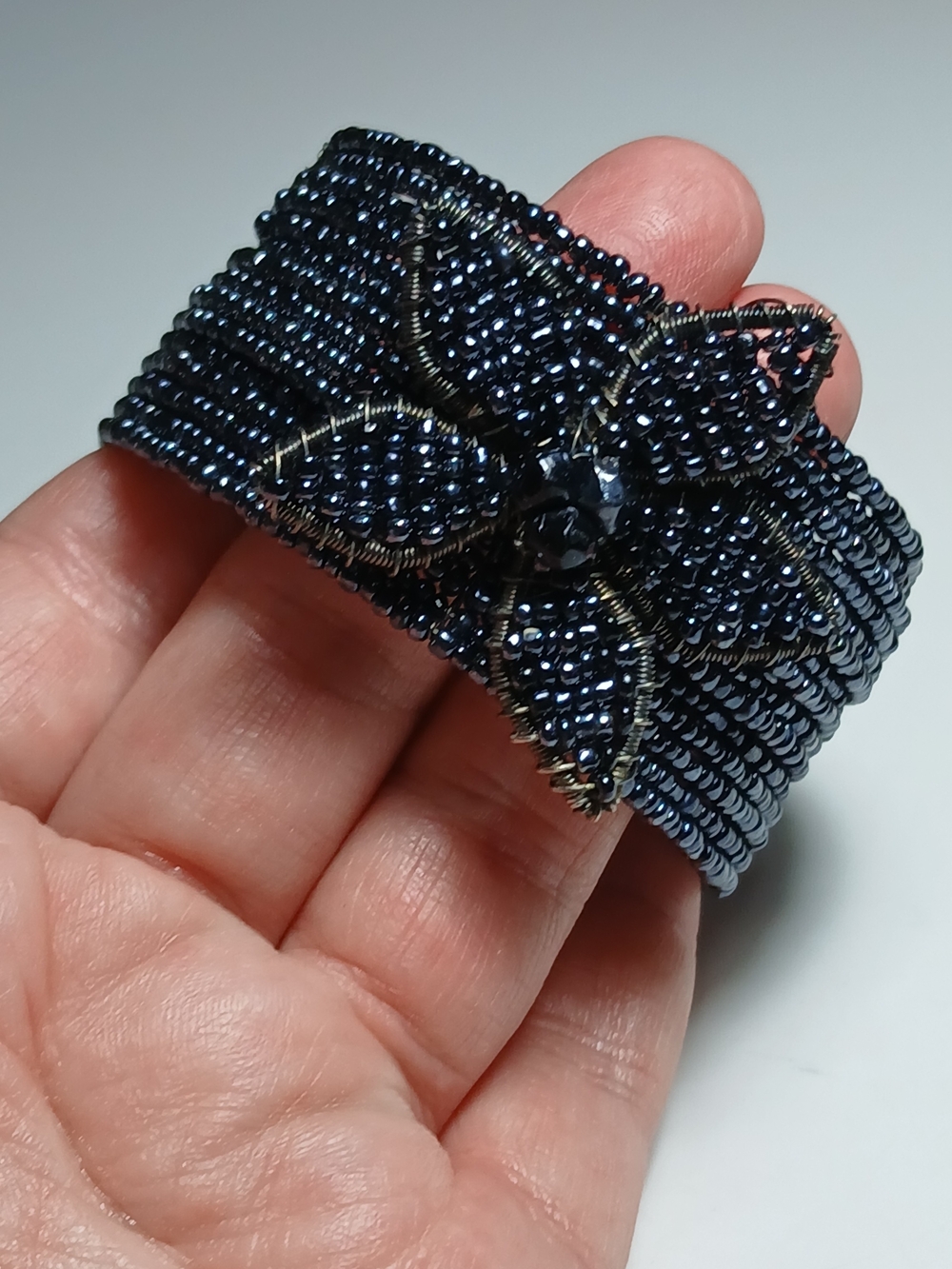 Hand-Beaded Navy Blue Floral Cuff Bracelet
